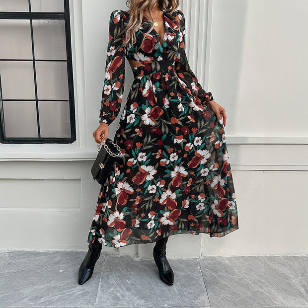 Vacation casual contrasting printed V-neck dress