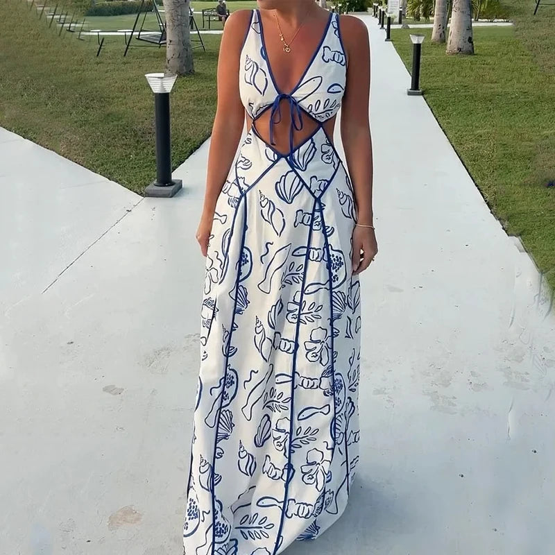 Summer leisure vacation hollowed out print dress
