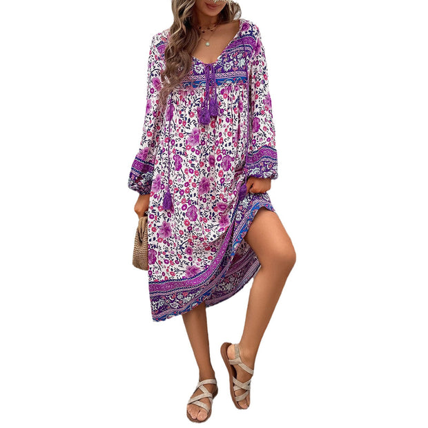 Leisure vacation printed long sleeved dress