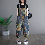 Artistic retro printed denim overalls for women