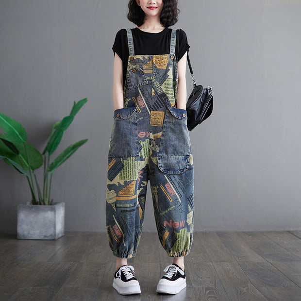 Artistic retro printed denim overalls for women