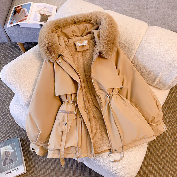 Thin down cotton jacket with fashionable and thick fur