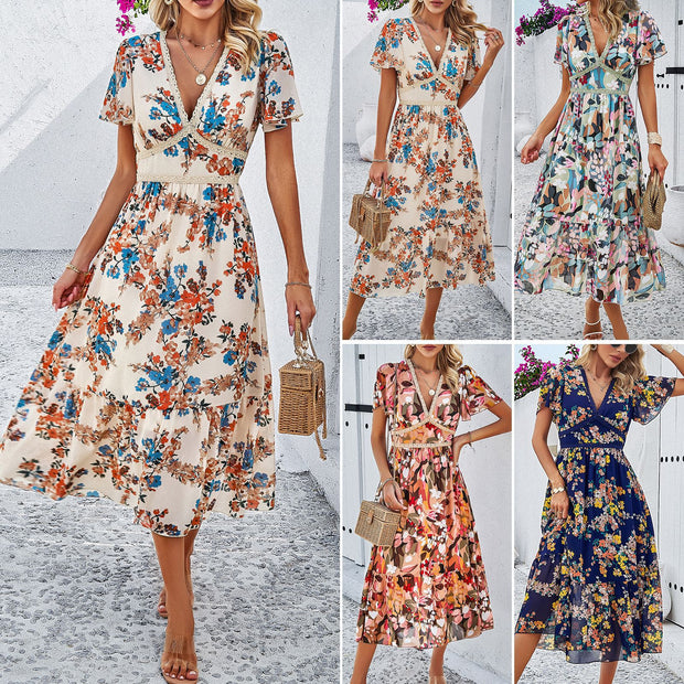 Leisure vacation printed high waisted dress
