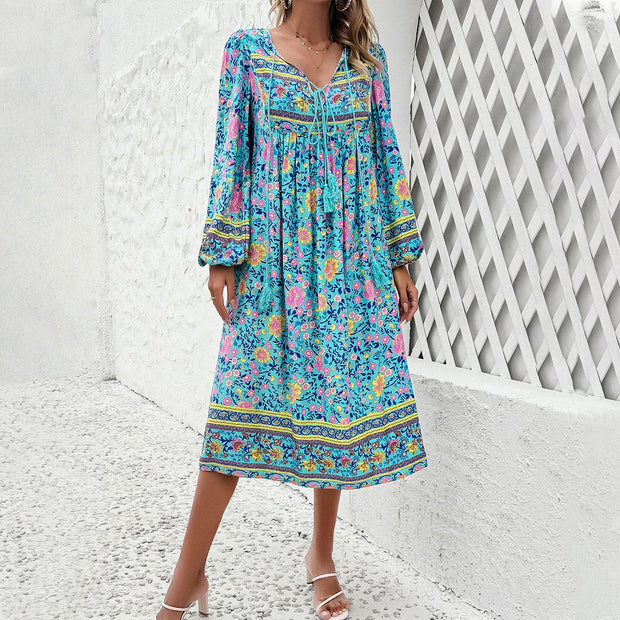 Leisure vacation printed long sleeved dress