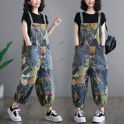 Artistic retro printed denim overalls for women