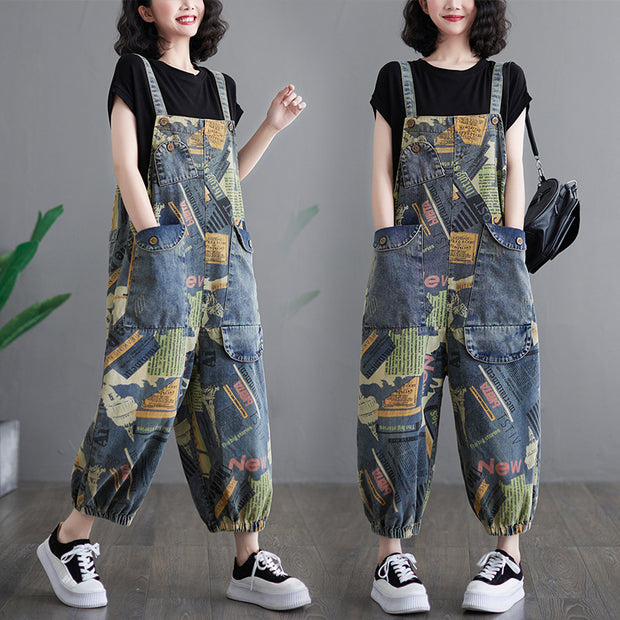 Artistic retro printed denim overalls for women