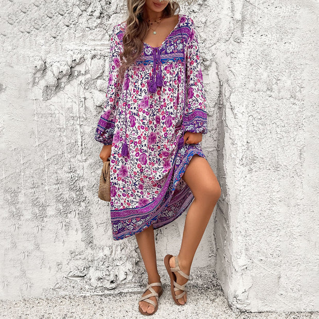 Leisure vacation printed long sleeved dress