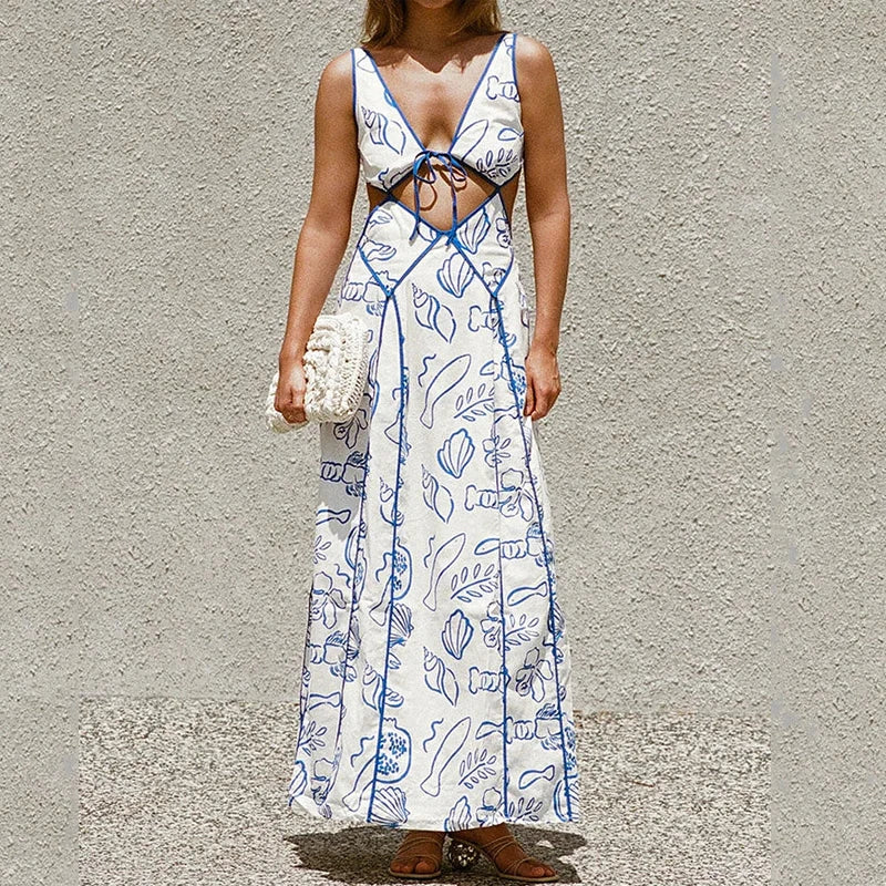 Summer leisure vacation hollowed out print dress