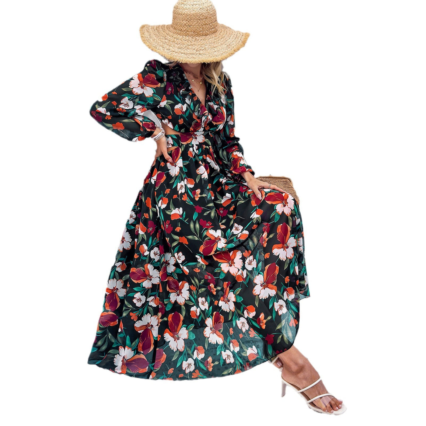 Vacation casual contrasting printed V-neck dress