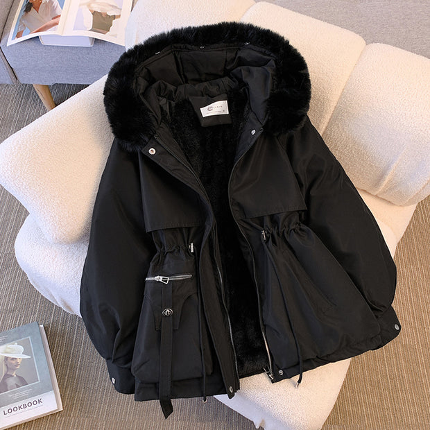 Thin down cotton jacket with fashionable and thick fur