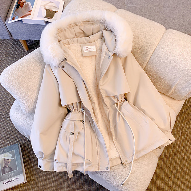 Thin down cotton jacket with fashionable and thick fur