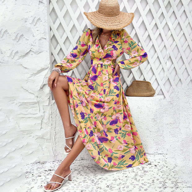 Vacation casual contrasting printed V-neck dress