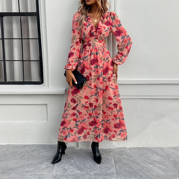 Vacation casual contrasting printed V-neck dress