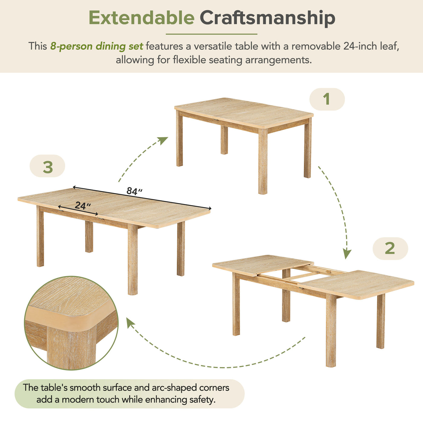 expandable 84 inch dining table set with 24 inch detachable leaves