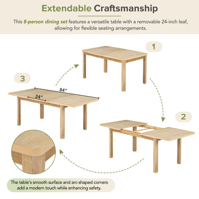 expandable 84 inch dining table set with 24 inch detachable leaves