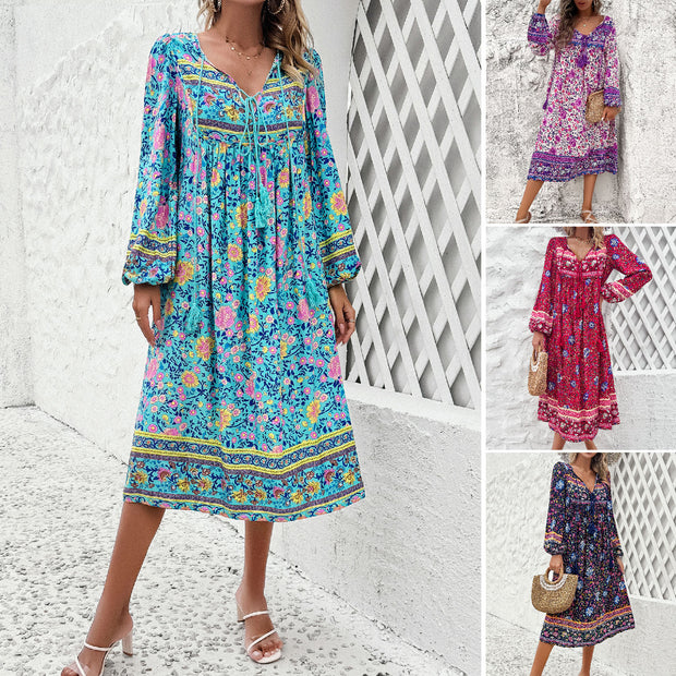 Leisure vacation printed long sleeved dress
