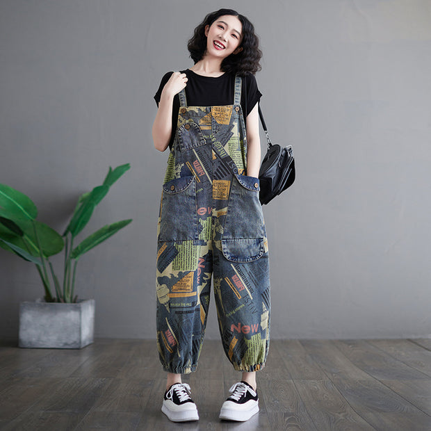 Artistic retro printed denim overalls for women