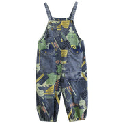 Artistic retro printed denim overalls for women