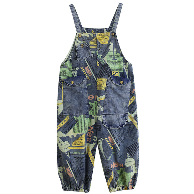 Artistic retro printed denim overalls for women