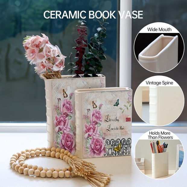 Book Vase - Ceramic, Cute & for Home Decor, with Flower