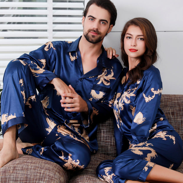 Simulated silk couple sleepwear new long sleeved