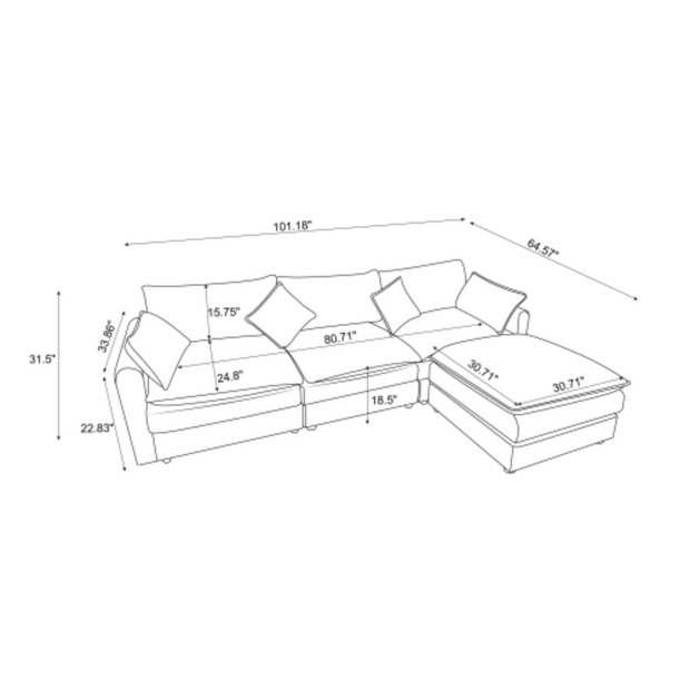 Modular Sectional Sofa, 3-Seater Sofa with Ottoman
